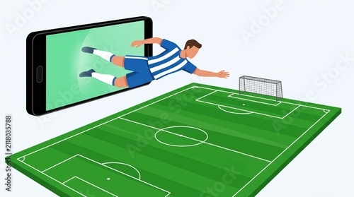 Soccer player emerges from smartphone onto a digital football field