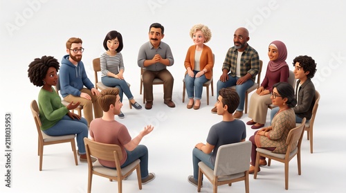 Diverse group of people in a circle discussing ideas in a meeting
