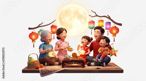 Asian Family Celebrates Mid Autumn Festival With Mooncakes And Lanterns Under Full Moon