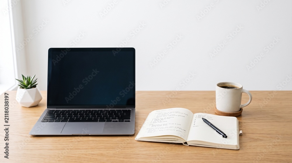 Fototapeta premium Clean Workspace: A minimalist desk setup featuring a laptop, open notebook with pen, and a coffee mug, embodying productivity and focus in a modern, bright setting.