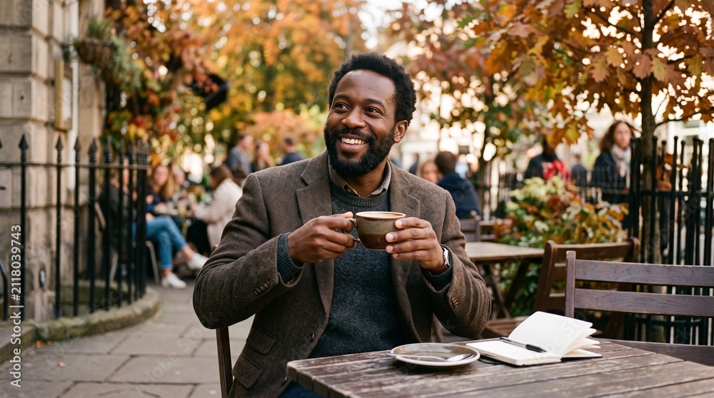 Obraz premium Man enjoys coffee at outdoor cafe in autumn with warm terracotta and golden foliage colors