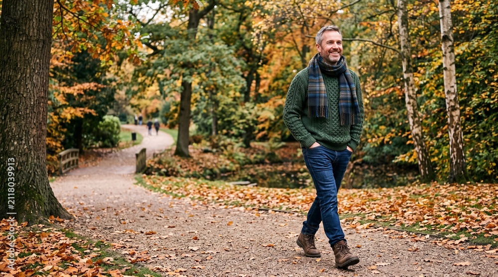 Obraz premium Man in green sweater and scarf walking on autumn path surrounded by colorful fall foliage and trees