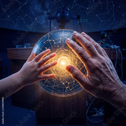 A child and an adult reaching out to touch a glowing celestial sphere depicting constellations inside a planetarium