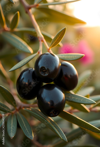 Ripe black olives on a bran...