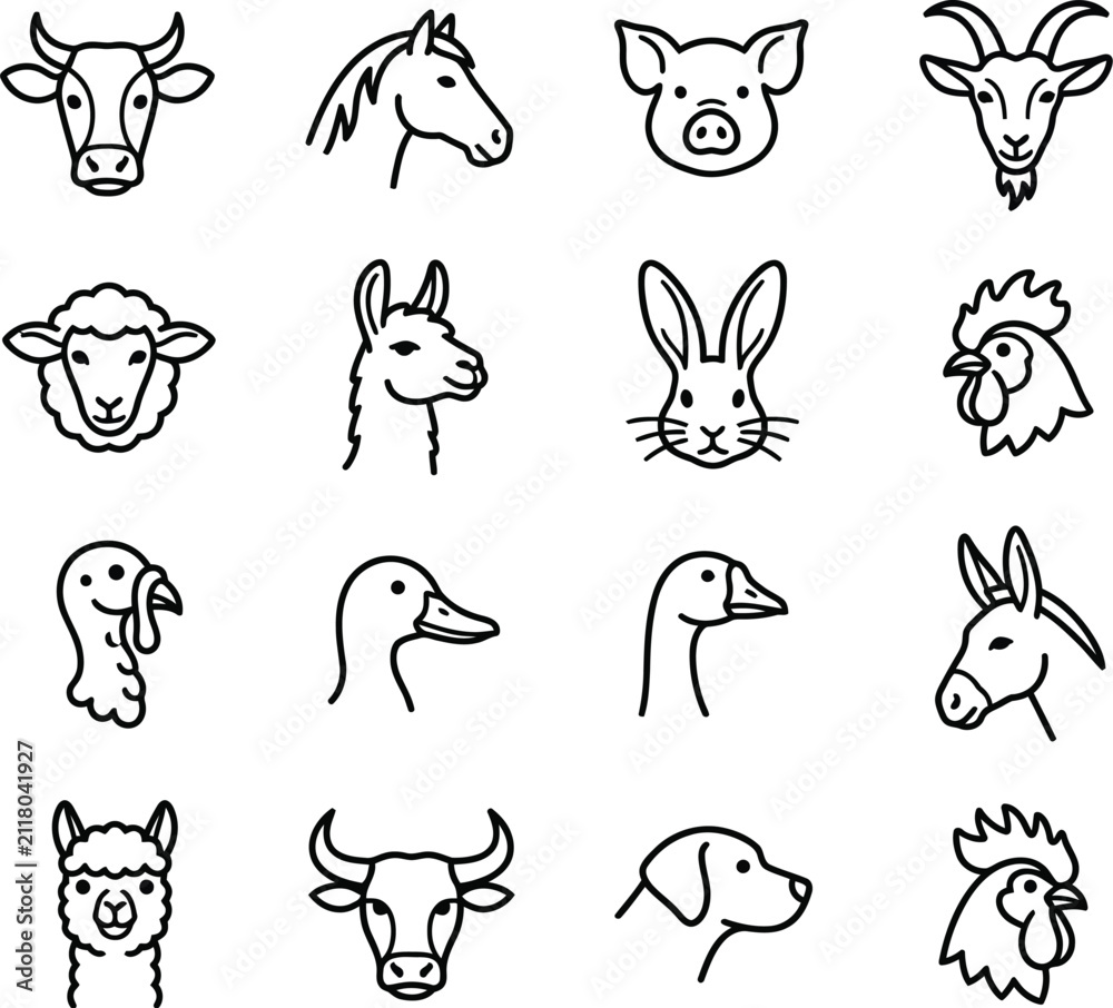 Obraz premium Set of farm animal head icons featuring various livestock and poultry in a simple black line style