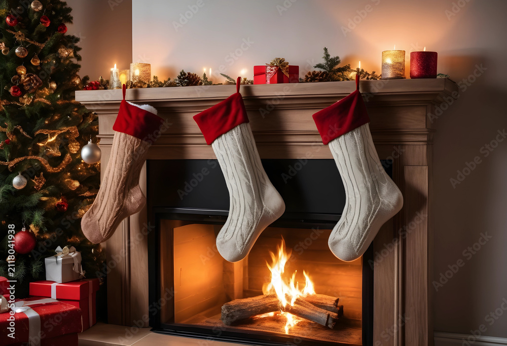 Obraz premium Three christmas stockings hanging on a wooden fireplace mantel with a decorated tree and burning fire, Cozy and warm holiday atmosphere, perfect for winter celebrations and family gatherings