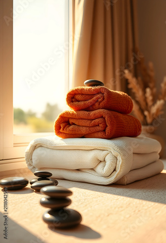 Stacked spa towels and hot ...