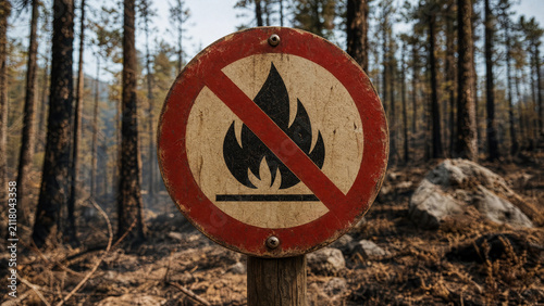 No burning sign in wooded area after wildfire