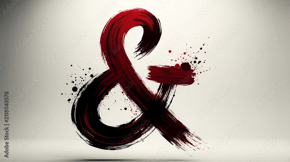 Naklejka premium Abstract grunge ampersand symbol made with dark red and black ink brush strokes. Splatters and drips add texture and a dynamic artistic feel to the design element, suitable for graphic needs.