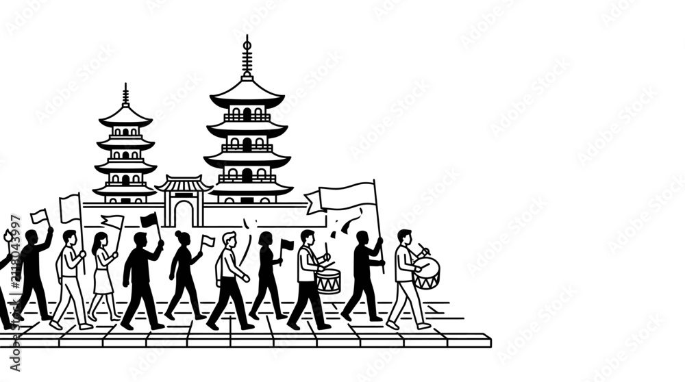 Fototapeta premium People marching in a protest parade with traditional pagodas
