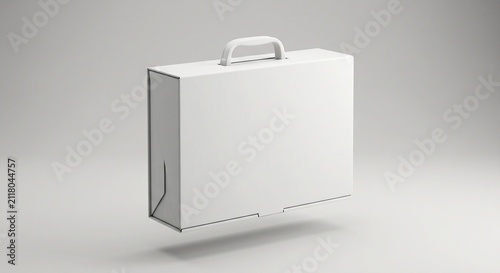 White cardboard briefcase box mockup with plastic handle on grey background.