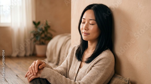 Young woman resting with eyes closed leaning against textured wall in sunlit room