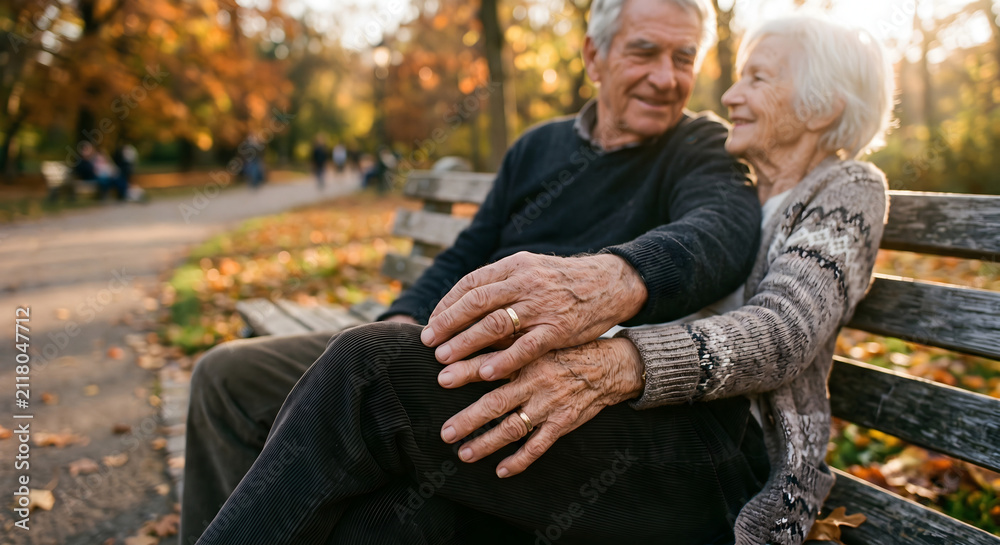 Fototapeta premium Happy senior couple holding hands on a park bench in autumn showing wedding rings and lifelong love under warm golden hour sunlight