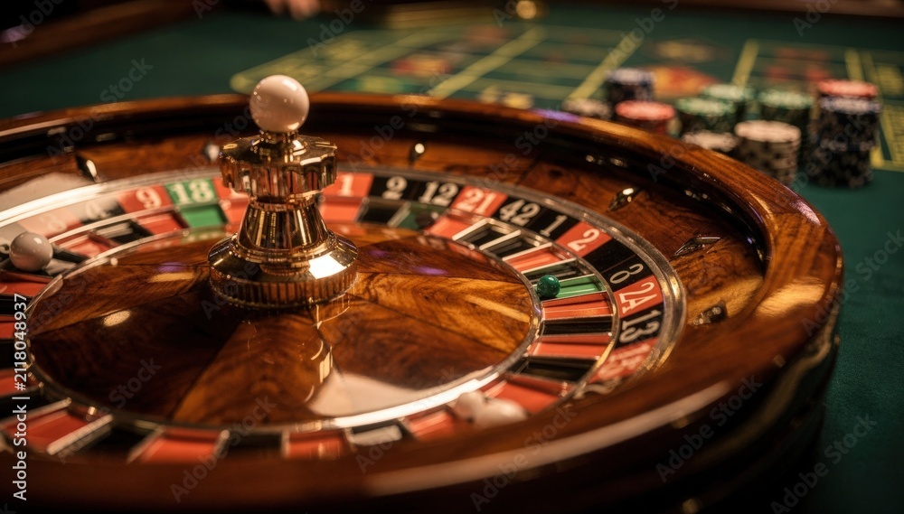 Obraz premium Dynamic medium shot capturing the slow spin of a lowstakes roulette wheel sharp ball detail contrasted with outoffocus chips and betting positions.