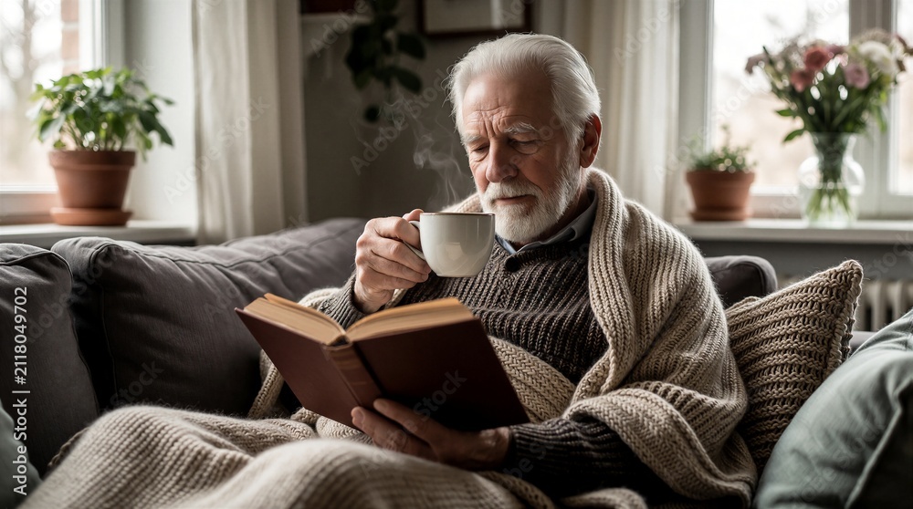 Fototapeta premium Elderly man with white beard sits on comfortable sofa holding hot ceramic cup of tea. Retired person stays at home under warm knit blanket. Senior male reads interesting book near bright window. Calm