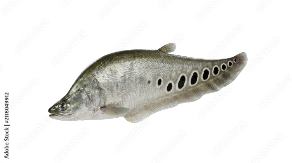Obraz premium A clown knifefish with distinctive markings detailed side view isolated on transparent background notopterus fish freshwater