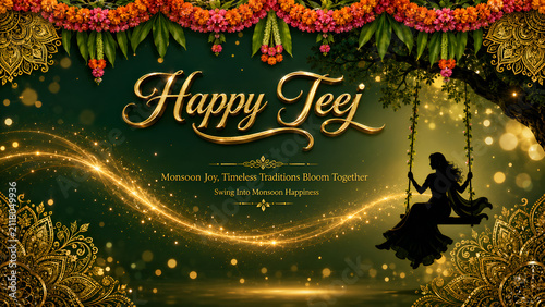 Happy Hartalika Teej festival greeting design with floral decoration Traditional Indian Festival Greeting Artwork