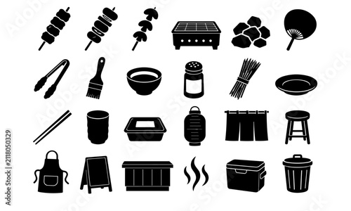 Japanese Yakitori Grill Silhouette Icon Set