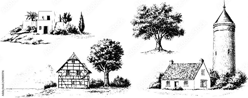 Obraz premium Pen and ink rural architecture set with greek island house german half timber cottage oak tree and round tower for background and label design