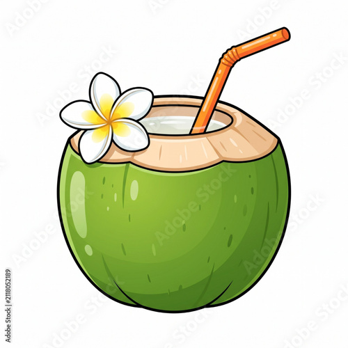 Fresh green coconut drink with an orange straw and a white tropical flower for a summer vacation vibe