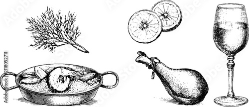 Hand drawn paella jamon and sangria elements with citrus and herb for menu design and recipe card background
