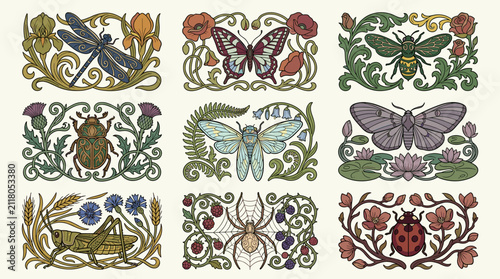 Art Nouveau Insect Illustrations: Dragonfly, Butterfly, Bee, Beetle, Cicada, Moth, Grasshopper, Spider, Ladybug with Floral Ornaments, Vector Graphic Elements