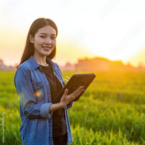 A smiling young Asian female farmer uses a digital tablet in a green field at golden sunset, representing modern smart agriculture, innovation, and sustainable farming technology.