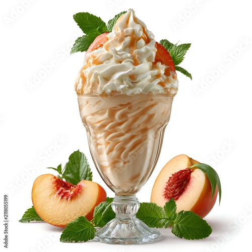 Peach ice cream sundae with whipped cream, caramel drizzle and fresh mint garnish