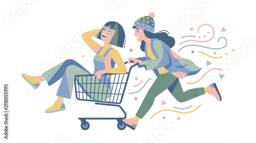 фотографія Two carefree people riding a shopping cart together in a playful illustration that captures whimsy and joy