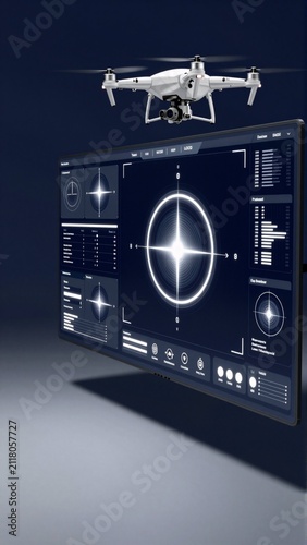 large screen futuristic design screen displaying drone white body four propellers drone flying air above screen its propellers pointing towards right side screen background dark blue screen filled