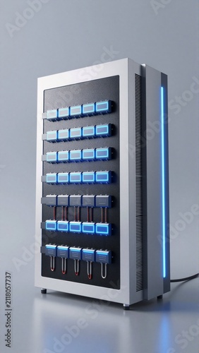 modern computer tower sleek minimalist design tower metal has silver finish has large front panel multiple rows blue led lights arranged grid like pattern lights arranged two rows top row being
