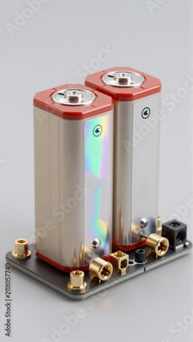 pair electronic devices which appear cylindrical shape metallic finish placed black base four gold colored connectors attached devices red silver color two round caps top top cap has small green