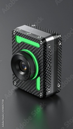 rendering digital camera black green color scheme camera has rectangular shape carbon fiber like texture body large lens center lens black has green ring around body camera small metal studs screws
