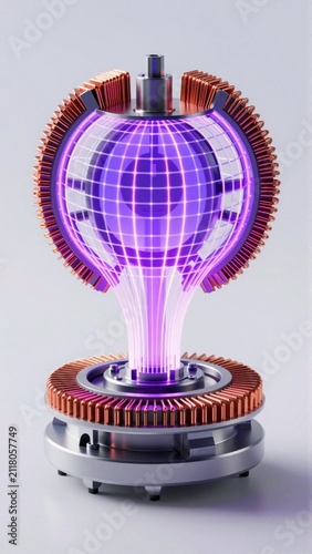 rendering futuristic object spherical shape object appears metal has metallic base circular base top object has cylindrical shape pointed end small knob top center sphere series orange purple lines