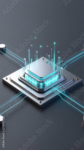 rendering computer processor processor center placed grey surface has rectangular shape flat top flat bottom top processor several small blue lines connected creating network like pattern lines