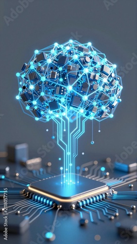 rendering futuristic tree like structure small blue dots lines tree connected central point which appears smartphone tablet background dark grey color several electronic components scattered around