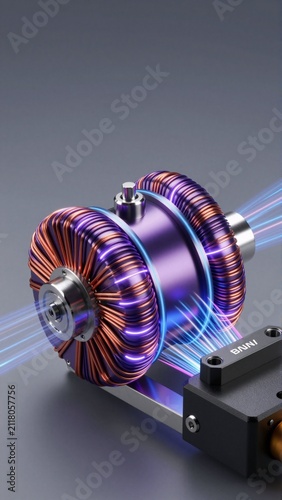 rendering metallic object blue purple color scheme object appears motor stator cylindrical shape metallic body body object multiple layers copper coils which arranged spiral pattern coils connected