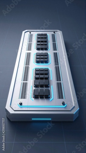 rendering server rack multiple rows servers server rack rectangular shape has white base blue stripe running along top servers arranged grid like pattern row having multiple slots different types