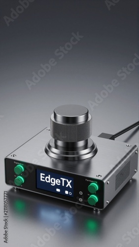 silver colored device round knob top device has digital display front words edgetx written blue three green buttons either side display which likely adjusting settings black cable connected device