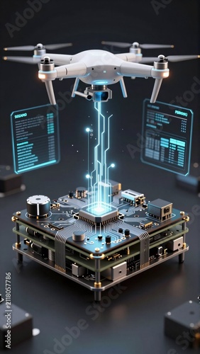 white drone four propellers flying over circuit board drone hovering above circuit board which placed black surface circuit board various electronic components including resistors capacitors
