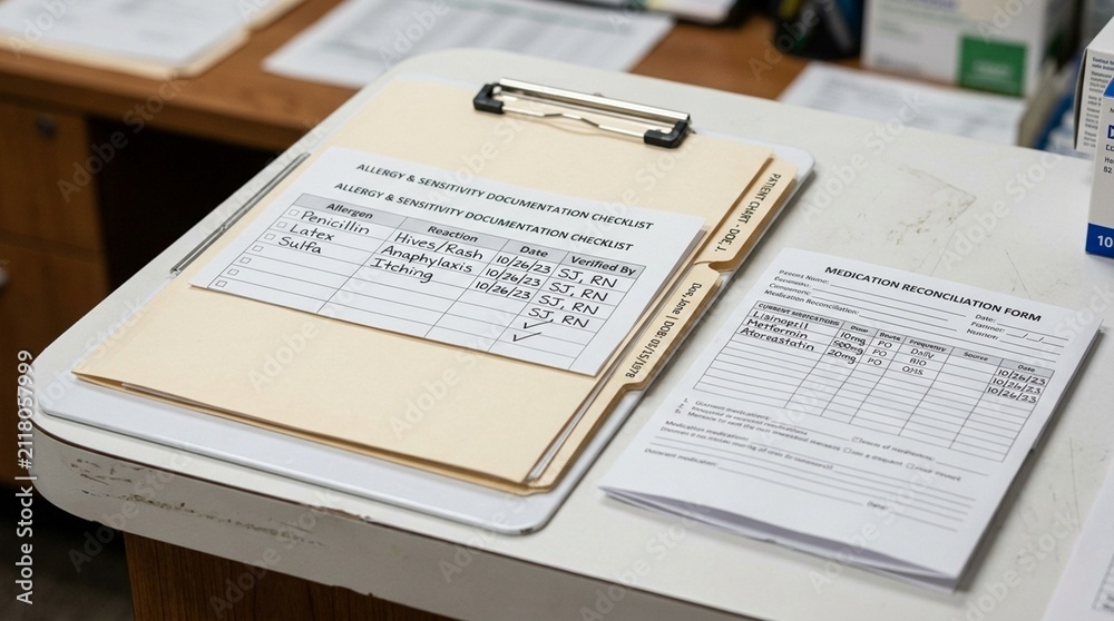Obraz premium Allergy documentation checklist clipped to a patient chart beside a folded reconciliation form – Healthcare Medication Reconciliation Stock Photo