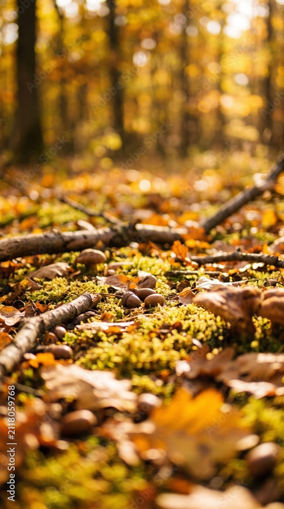Fototapeta premium Autumn forest floor with fallen leaves acorns and moss in soft sunlight vertical background