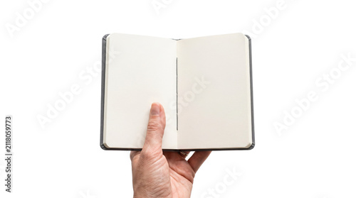 Minimalist open notebook mockup held by hand, blank white paper pages for sketching, clean stationery template on isolated white background