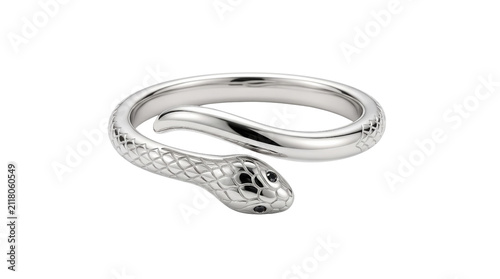 Elegant silver snake ring with textured scales, polished white gold serpent jewelry, minimalist animal motif ring for fashion editorial