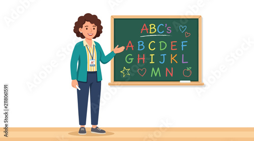Female Teacher Pointing at Alphabet on Classroom Chalkboard