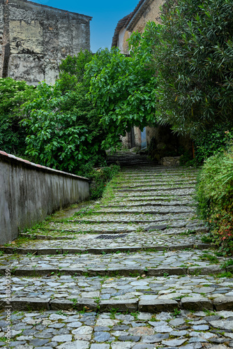 Ruelle pavée et escaliers dans le vieux village de Cotignac en Provence