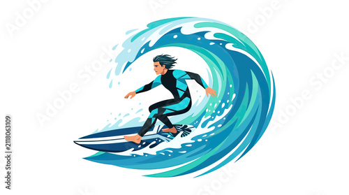 Surfer Riding A Blue Ocean Wave Illustration On White Background