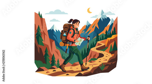 Woman Hiking Through Mountain Trail On A White Background
