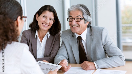 Senior couple meeting with financial advisor to discuss investments, retirement planning and long-term financial goals. Professional consultation, wealth management and financial confidence