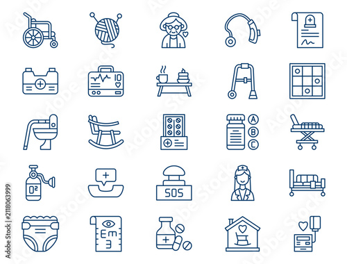 Senior nursing home care outline collection presents detailed elderly medical assistance elements. Retirement concept